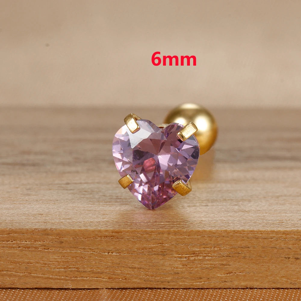 1PC Heart Stainless Steel Ear Studs Purple Crystal Stud 3-8mm