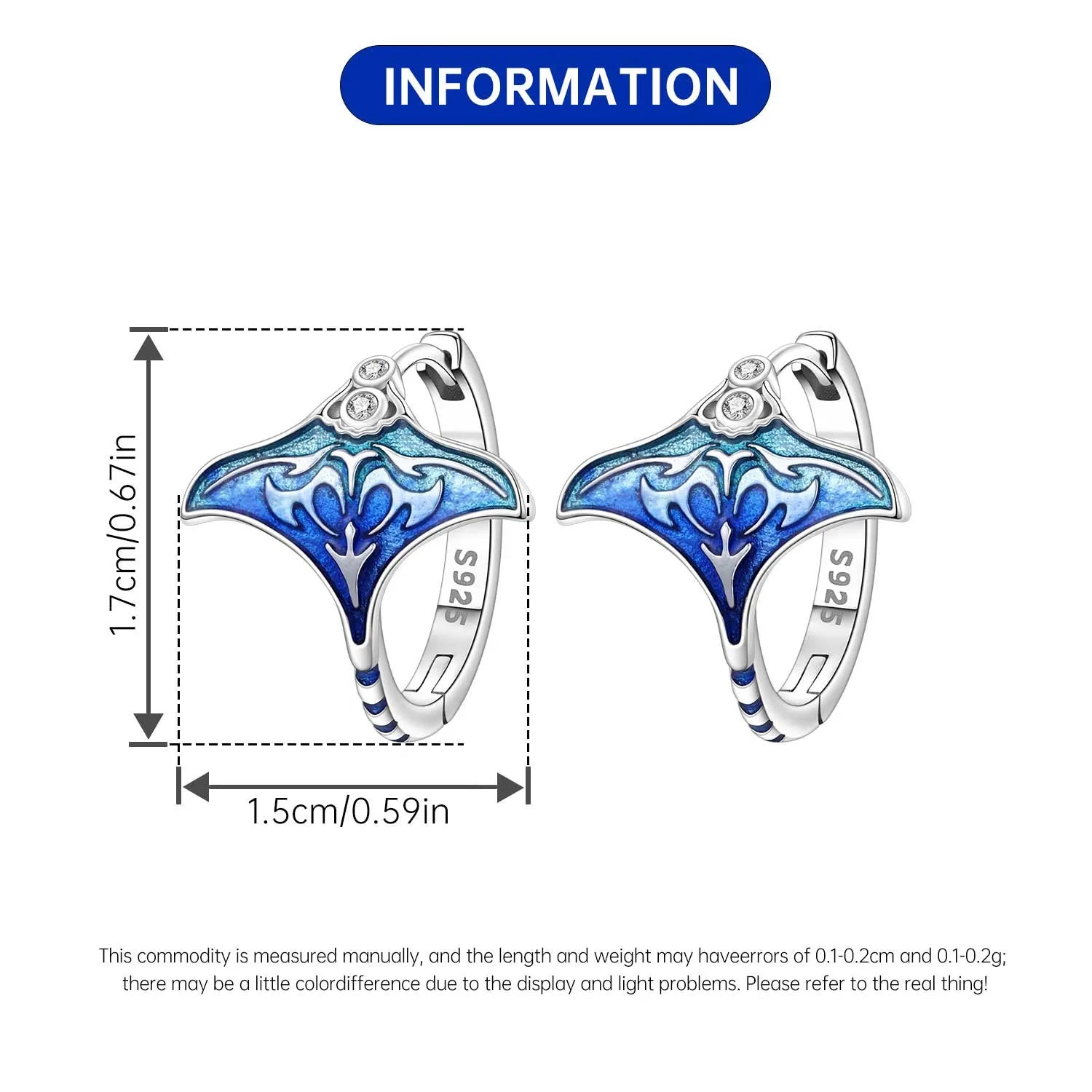 925 Sterling Silver Blue Devil Fish Hoop Earrings Anniversary Jewellery Gift