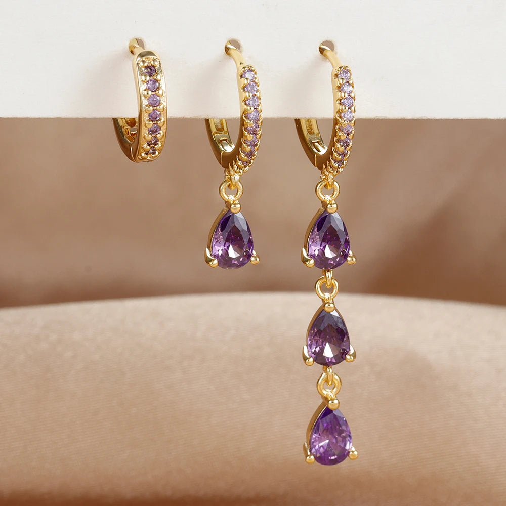 3PCS Stainless Steel Zircon Water Drop Hoop Earrings 18K Gold Heart