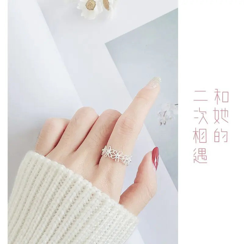 925 Sterling Silver Hollow Flower Adjustable Ring Engagement Ladies Vintage Luxury Jewellery