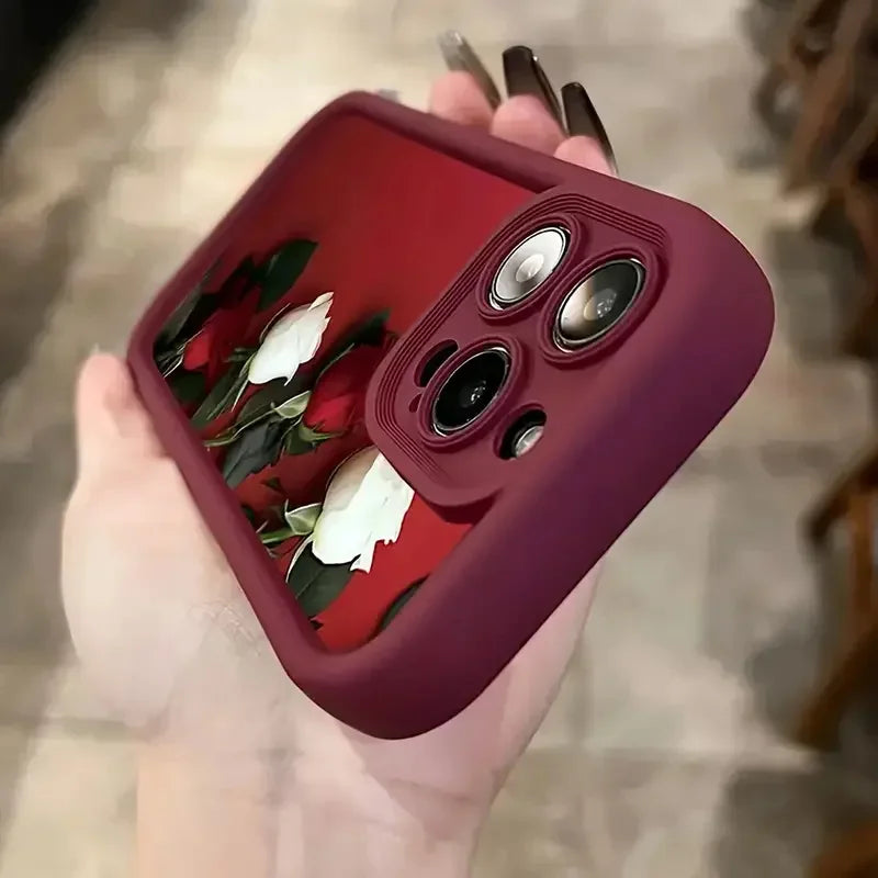 Wine Red & White Rose Case for iPhone 16 15 14 13 12 11 Pro Max XR 7 8 Plus