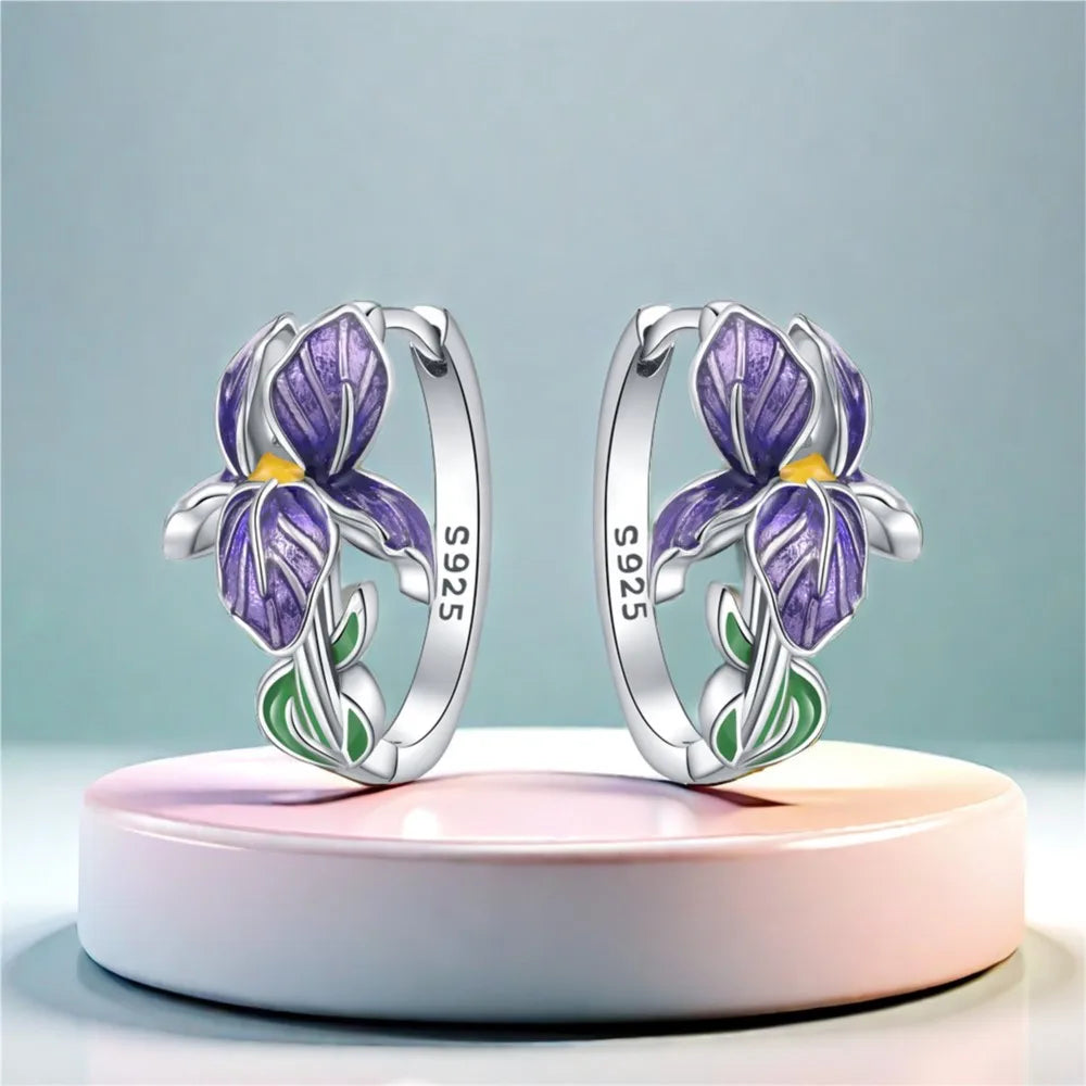925 Sterling Silver Purple Flowers Versatile Hoop Earrings Fine Birthday Gift
