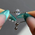 Certified Moissanite Chain Ring 1CT Oval Pear Cut Adjustable 925 Sterling Silver