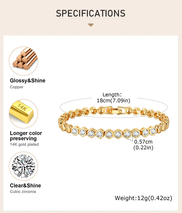Cubic Zirconia Tennis Bracelet for Women, 18K Gold Plated Stainless Steel CZ Chain, Bridesmaid Jewelry Non Tarnish