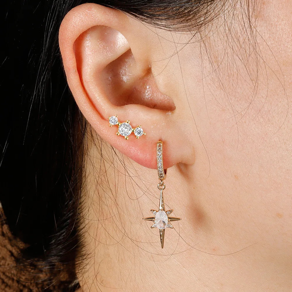 Luxury Crystal Zirconia Star Hoop Earrings Gold Plated Geometric