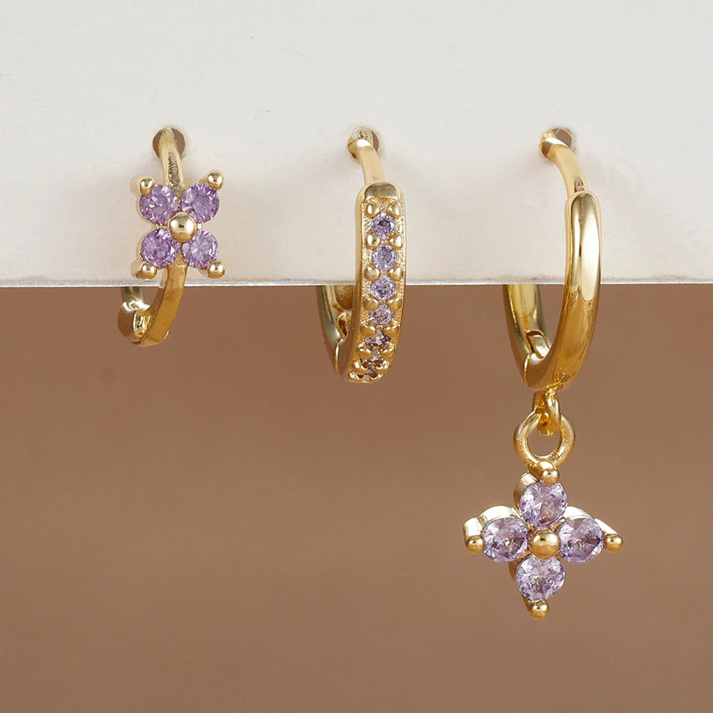 3PCS Trendy Stainless Steel Flower Drop Earring Set Zirconia Dangle