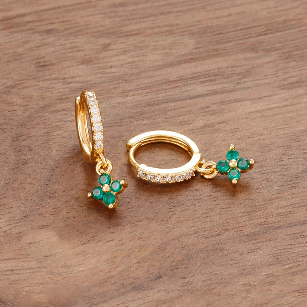 Luxury Stainless Steel Small Dangle Earrings Zirconia Flower Pendant