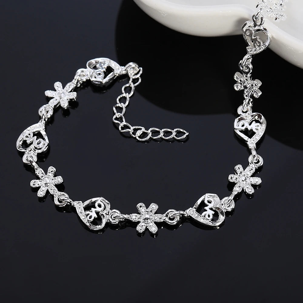 Crystal Heart Flower Chain Bracelet 925 Sterling Silver Romantic Wedding