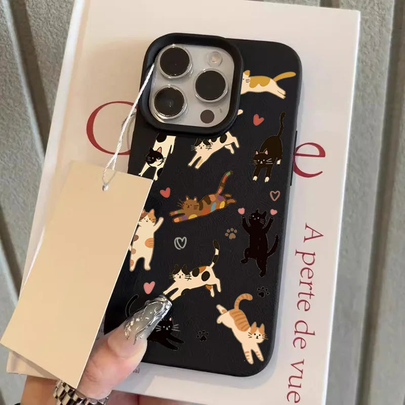 Cute Love Heart Cat Lychee Case for iPhone 17 16 15 14 Pro Max