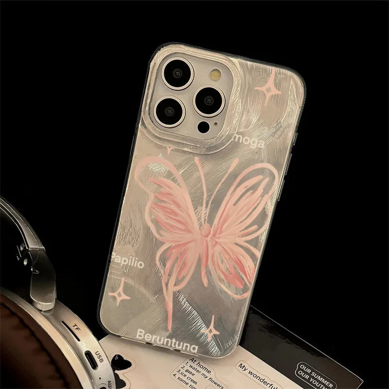 Pink Butterfly Laser Case for iPhone 16 15 14 13 12 11 Pro Max Plus XR XS