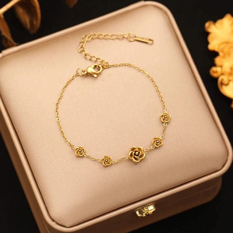 Flower Butterfly Heart Stainless Steel Charm Bracelet Gold Colour