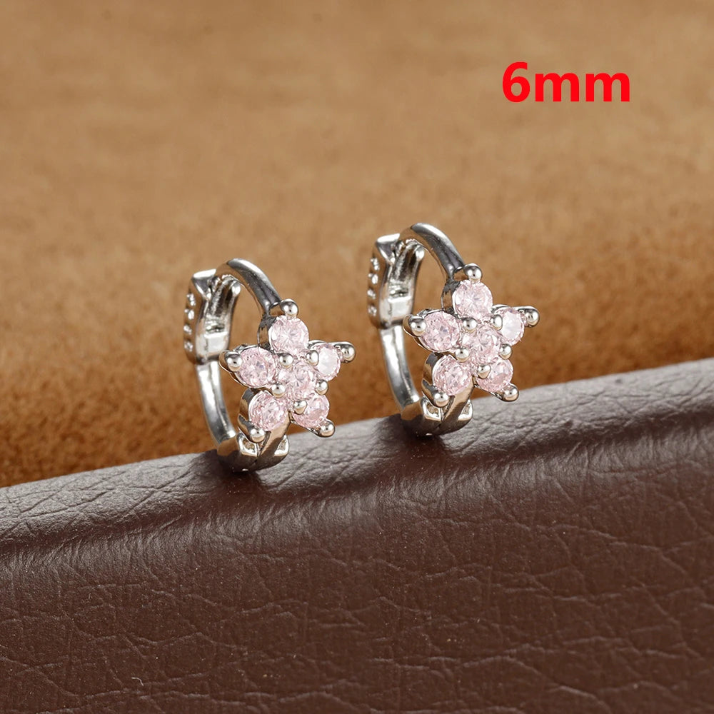 2PCS Huggies Hoop Earrings Stainless Steel Crystal Zirconia Flower