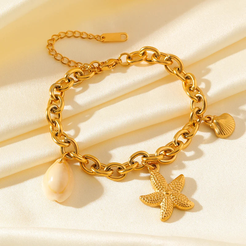Golden Sun Moon Starfish Stainless Steel Bracelet Handmade Wrist Chain
