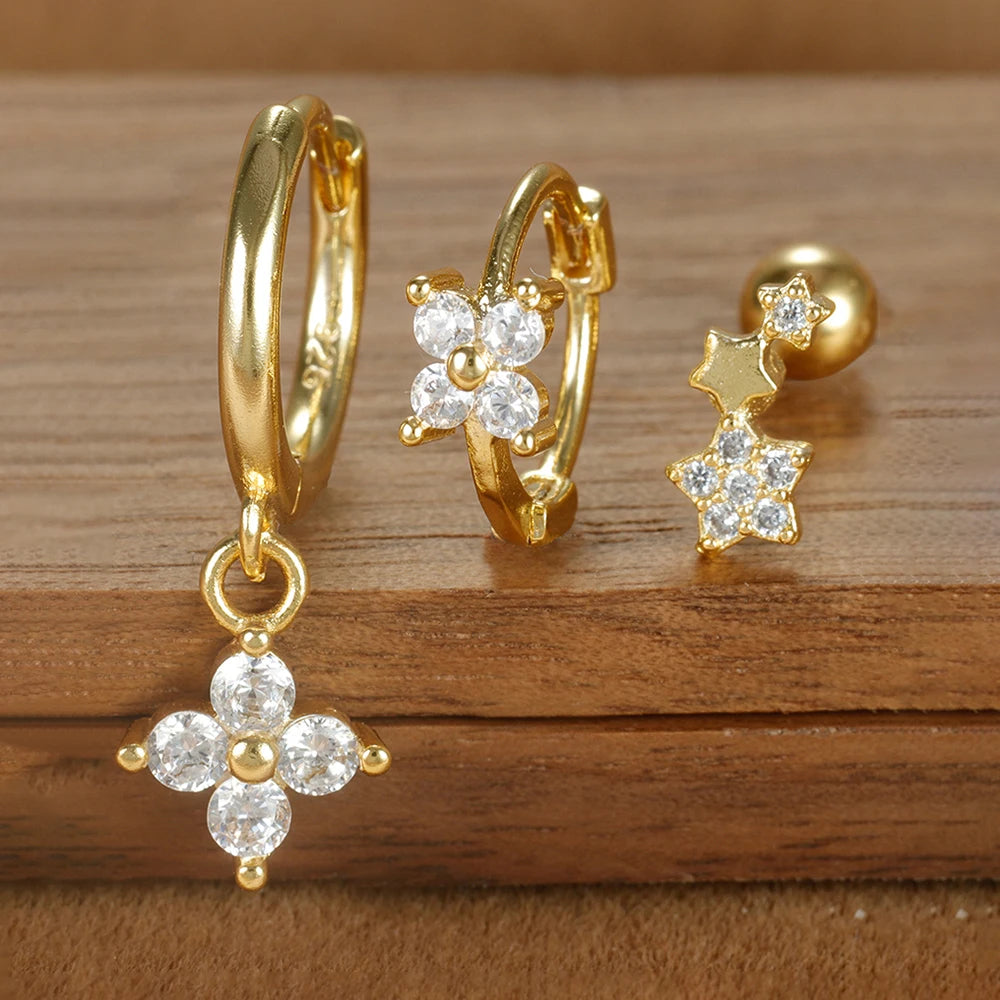 3PCS Four Flower Zircon Little Hoop Earring Star Cartilage Piercing
