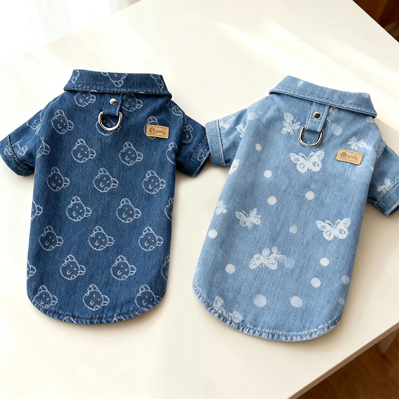 Denim Dog Jacket Bear Butterfly Print Pet Clothes