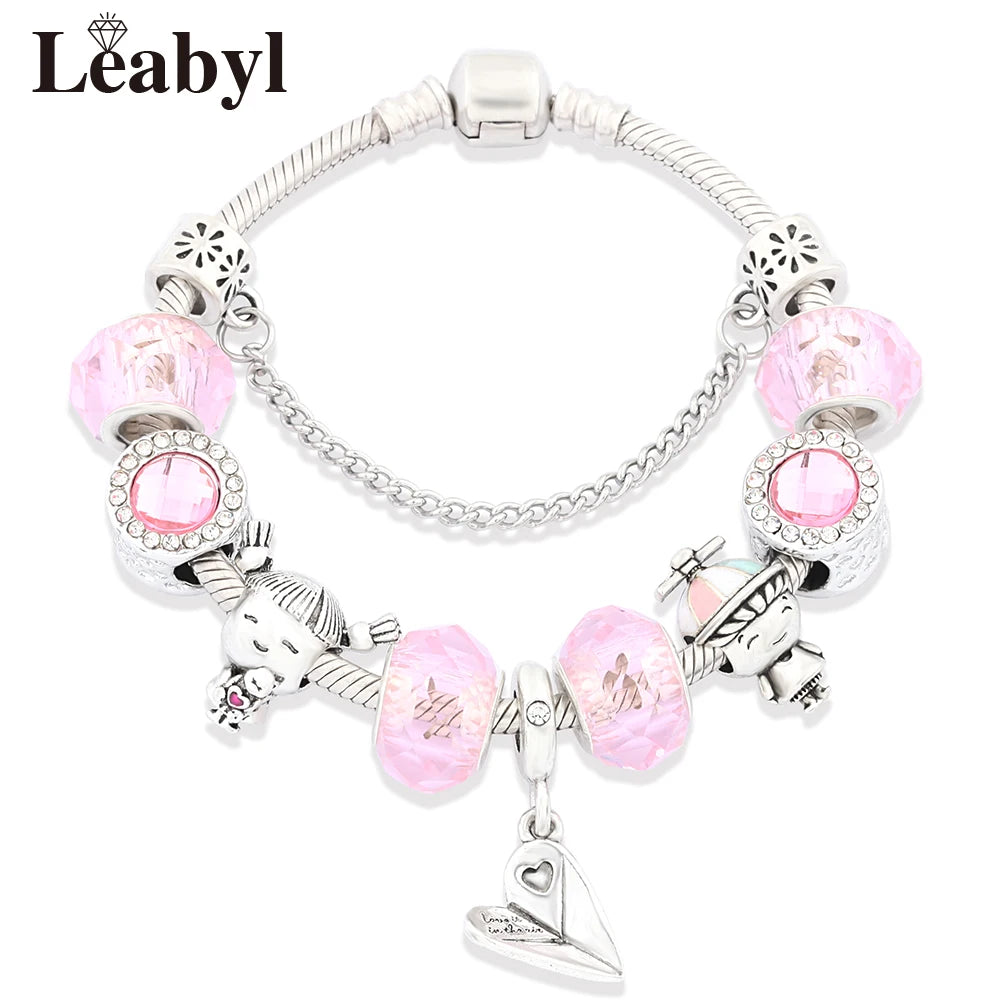 Romantic Pink Heart Charm Bracelet Fine Crystal DIY Bead Bangle Gift