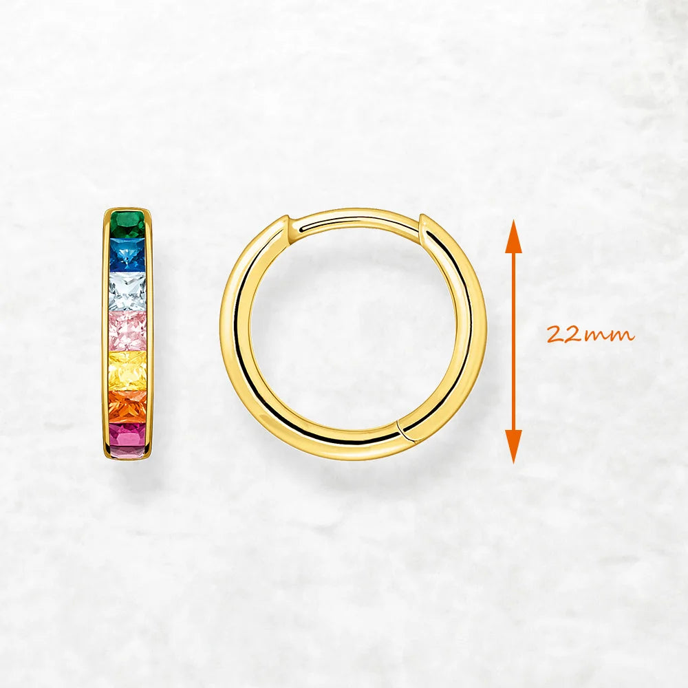 Gold Hinged Hoop Earrings Sparkling Rainbow 925 Sterling Silver Bohemia