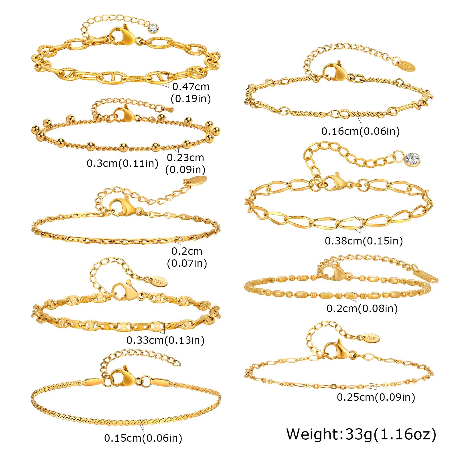 Gold Plated Link Bracelet for Women, Stainless Steel Stackable Chain Wristband, Adjustable Waterproof Jewelry