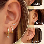 3PCS Korean Stainless Steel Butterfly Crystal Zirconia Hoop Earrings
