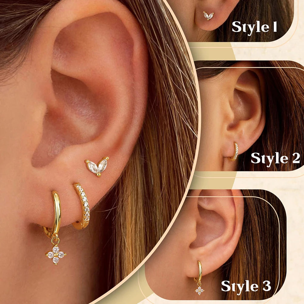 3PCS Korean Stainless Steel Butterfly Crystal Zirconia Hoop Earrings
