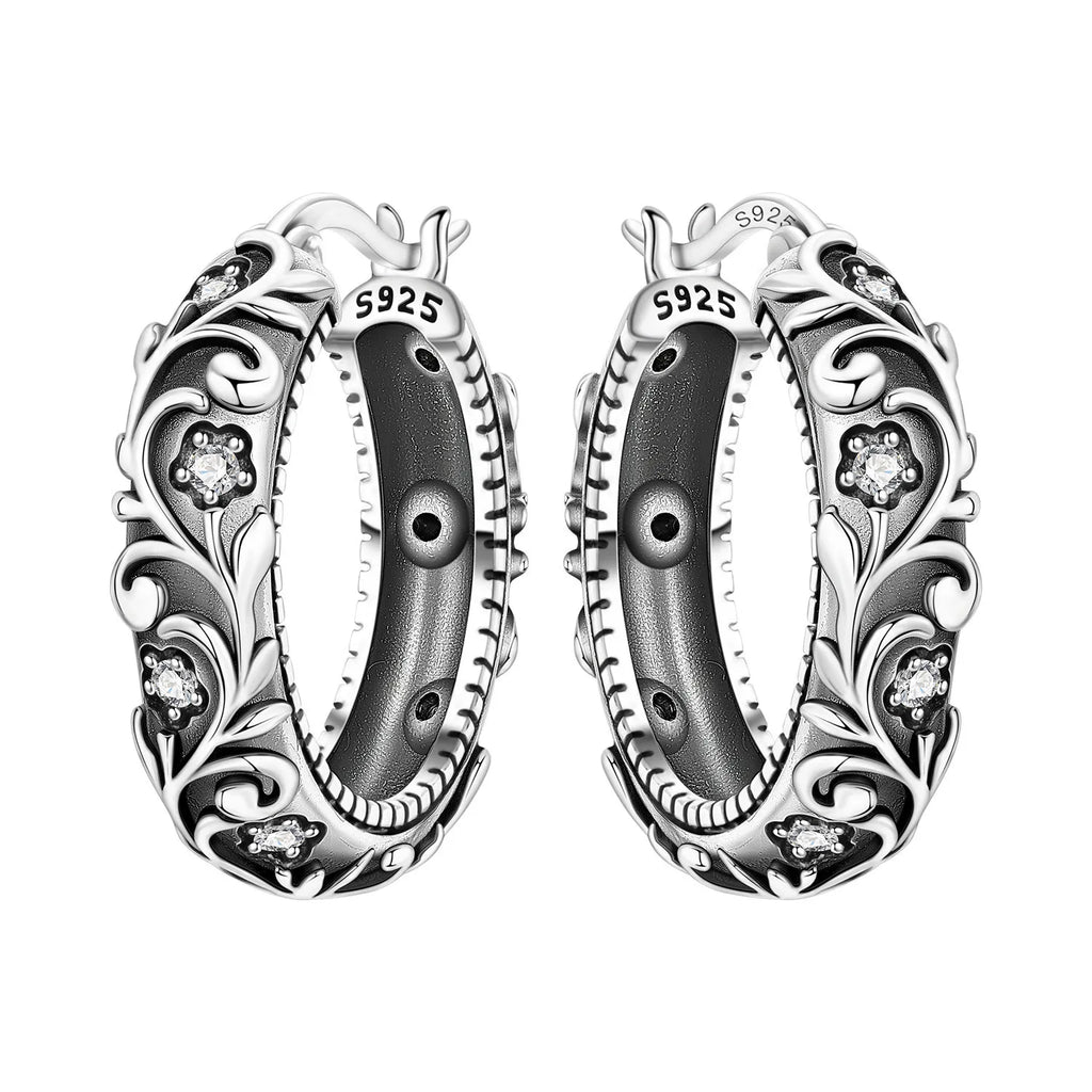 925 Sterling Silver Flower Plant Zircon Circle Hoop Earrings Jewellery Gift