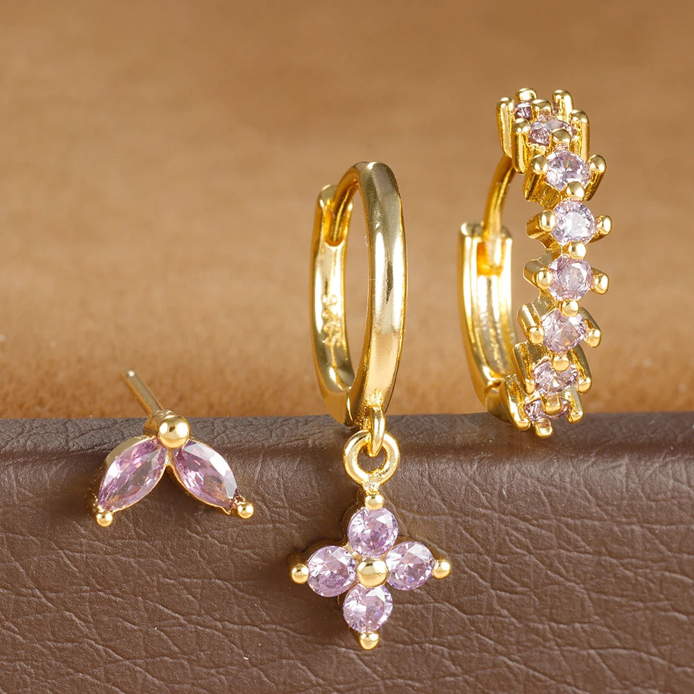 3PCS Vintage Stainless Steel Multicolor Zirconia Hoop Earrings Set