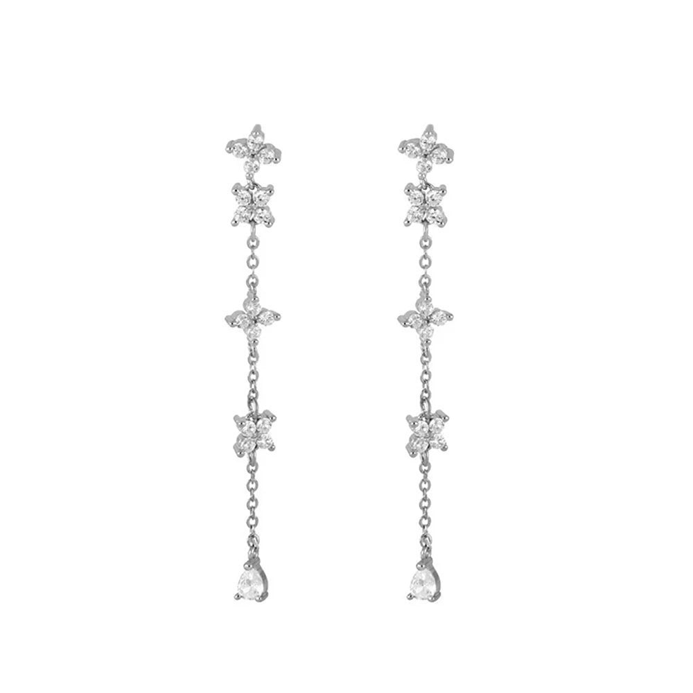 French Design Gold Colour Long Chain Flower Dangle Earrings Zircon