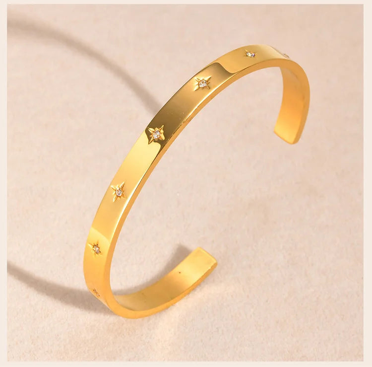 Open Adjustable Star Starburst Cuff Bangle Bracelet for Women Stainless Steel Cubic Zirconia Inlay Charm Layered Jewelry