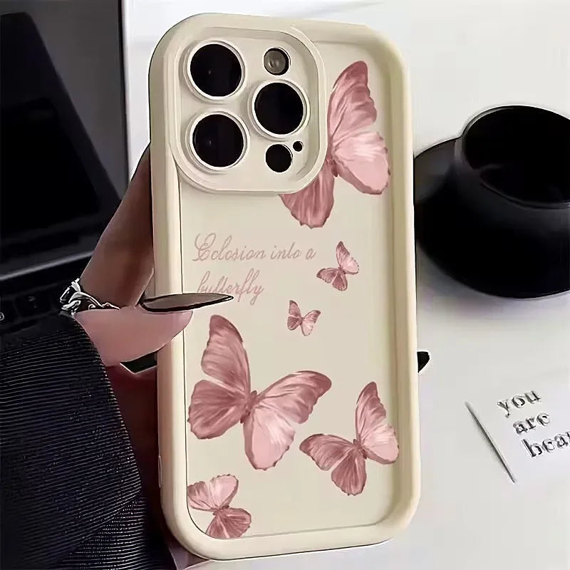 Pink Butterfly Silicone Case for iPhone 17 16 15 14 13 12 11 Pro Max Plus