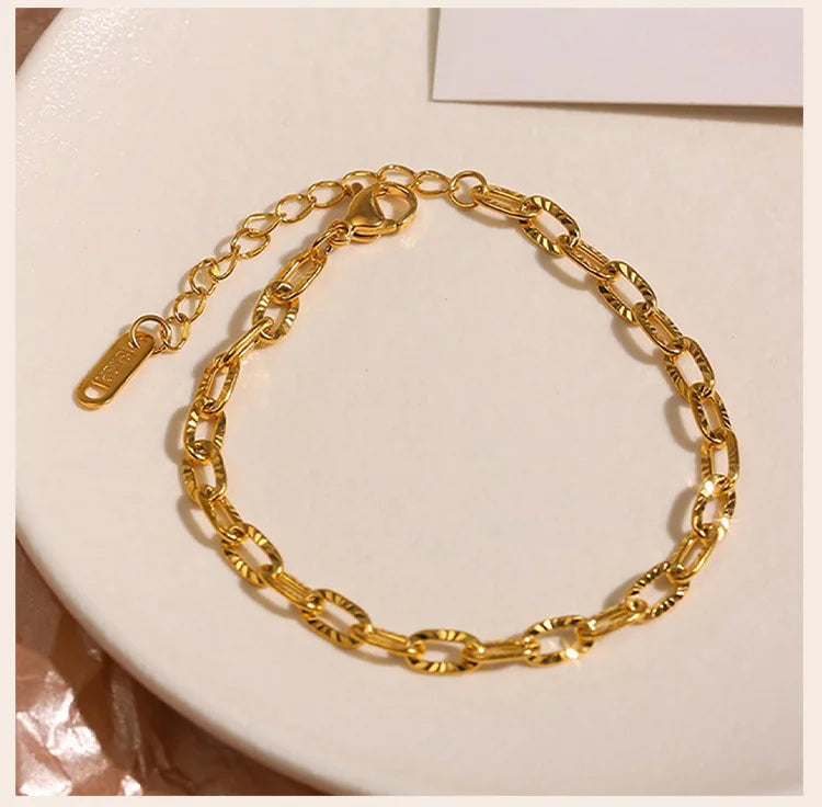 Geometric Oval Embossed Textured Link Chain Bracelet for Women,Stainless Steel Stacking Jewelry