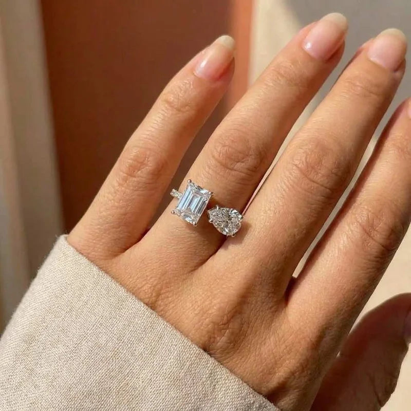 925 Sterling Silver Pear Cut Emerald Cut Simulated Diamond Wedding Party Vintage Adjustable Ring