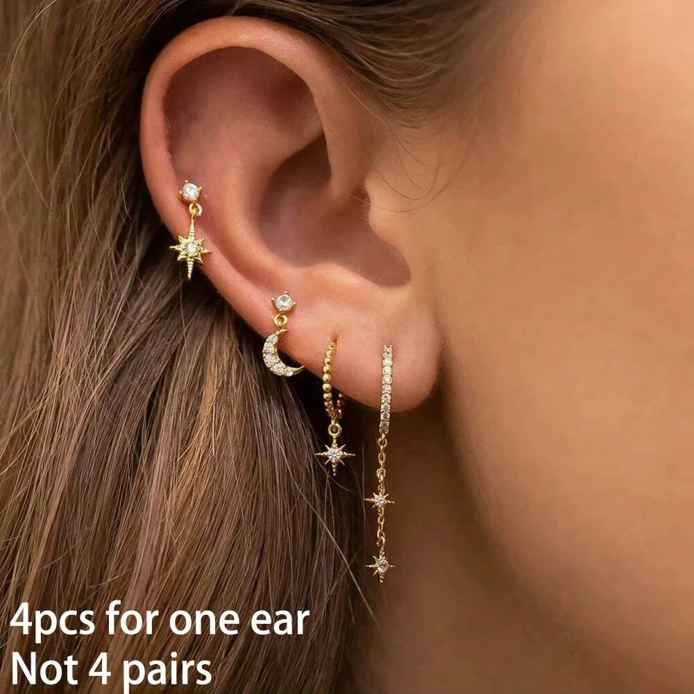 4pcs Korean Stainless Steel Zircon Water Drop Piercing Earrings Set