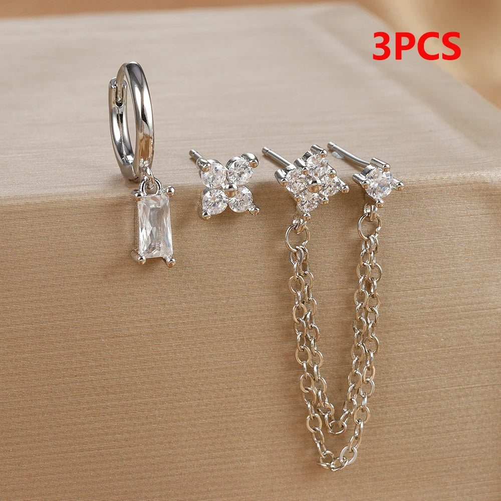 3PCS Fashion Double Ear Hole Chain Crystal Ear Stud Earring Set