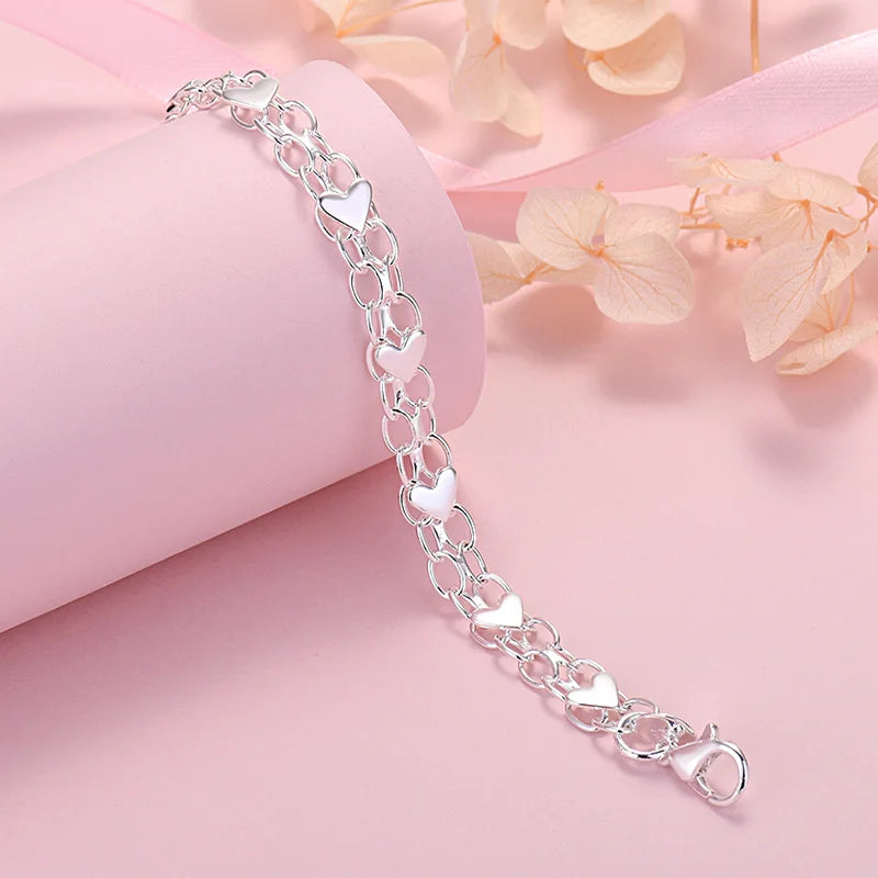 Romantic Heart Bracelet 925 Sterling Silver Women Valentine's Day Gift