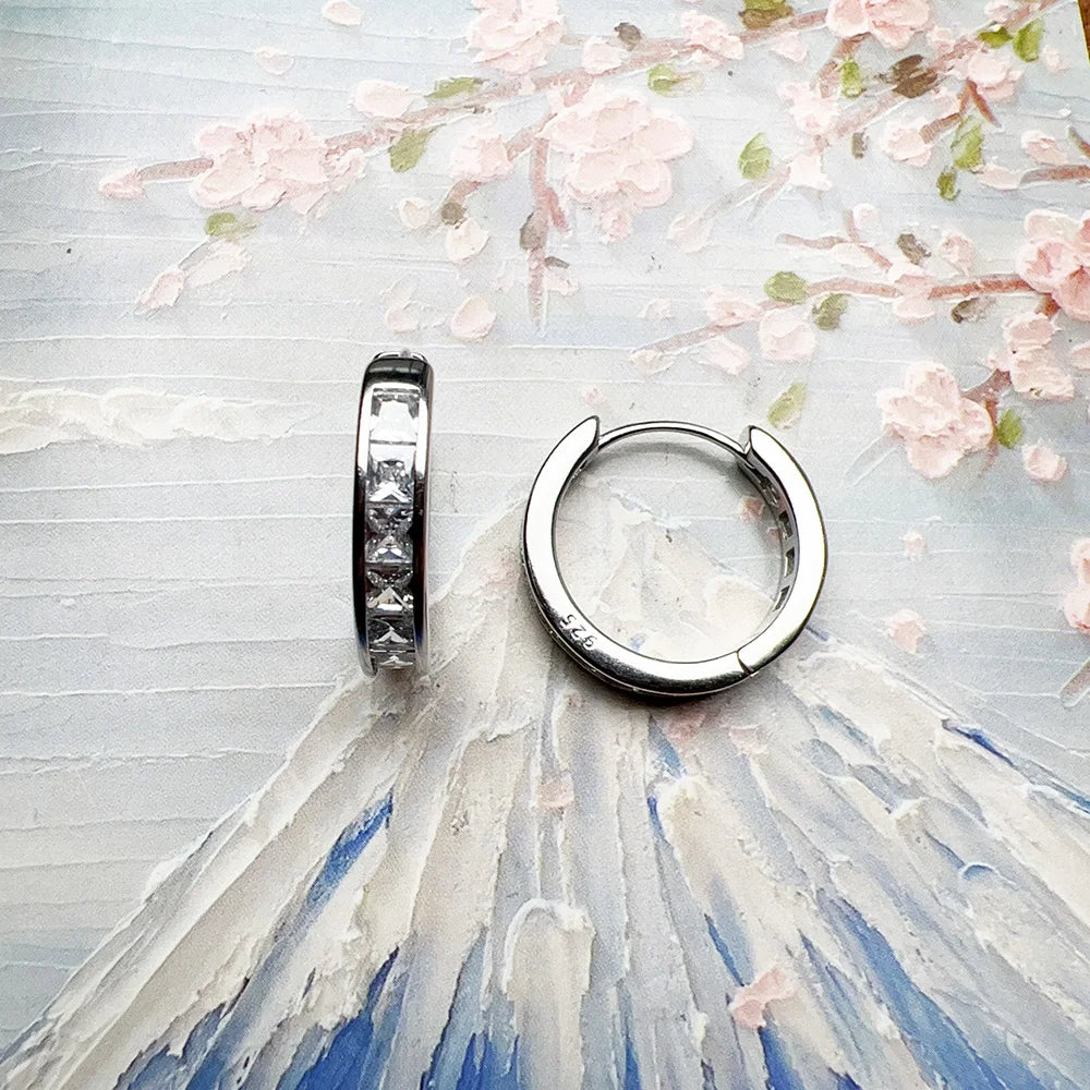White Zircon Hinged Hoop Earrings Creole 925 Sterling Silver Glam