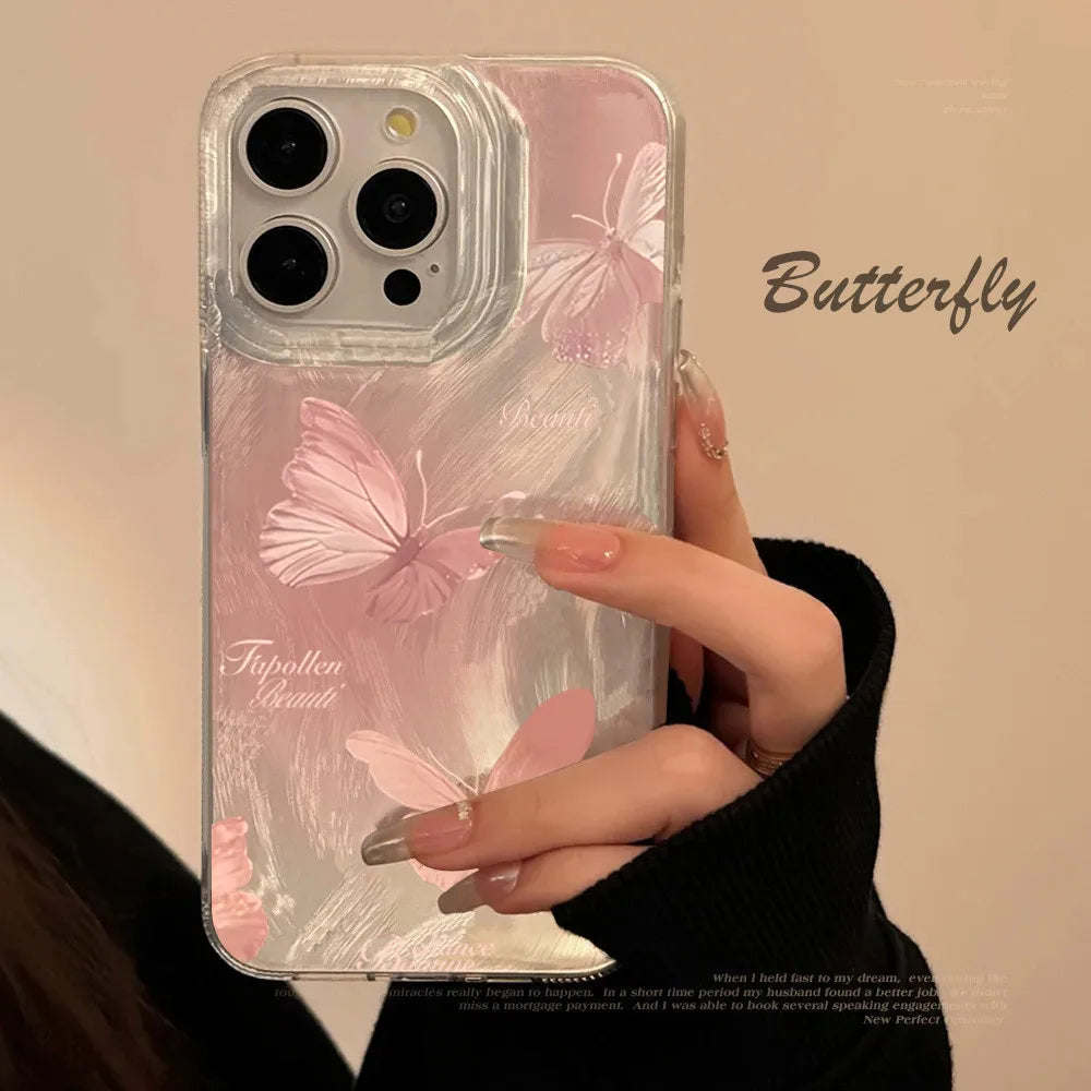Pink Butterfly Laser Case for iPhone 16 15 14 13 12 11 Pro Max Plus XR XS