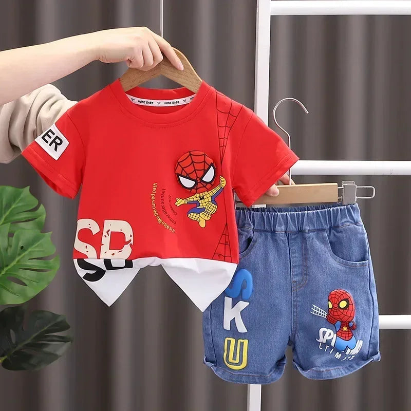 Summer Boys Spiderman Short Sleeve T-Shirt & Jeans Set Kids Fashion Clothing
