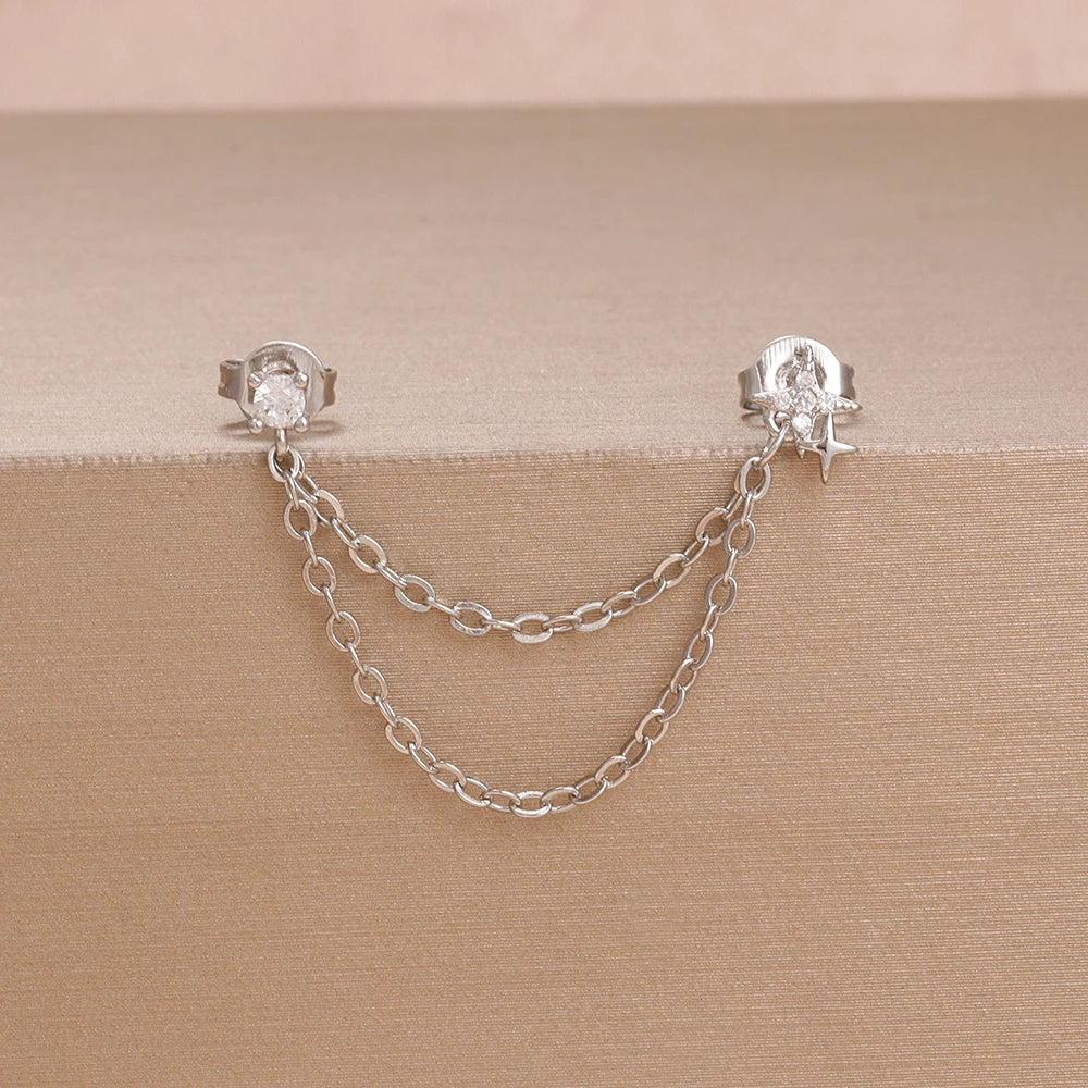 1Piece Stainless Steel Chain Tassel Star Earrings Double Piercing