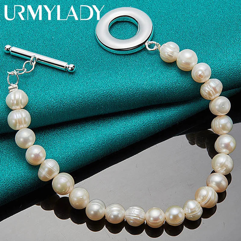 20cm Natural Freshwater Pearl Beaded Bracelet 925 Sterling Silver Women