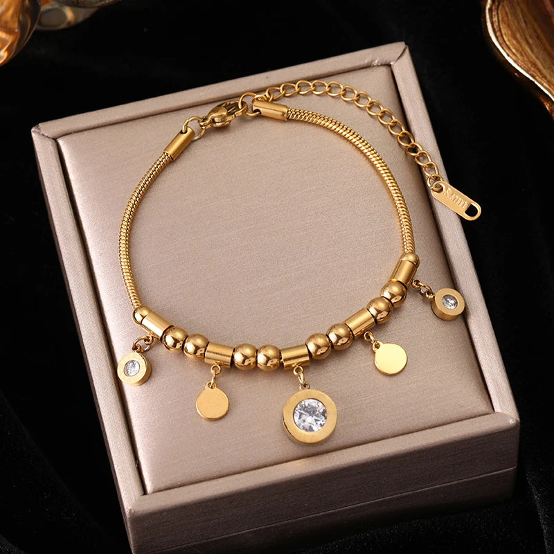 Heart Roman Numeral Zircon Bead Stainless Steel Snake Bone Bracelet