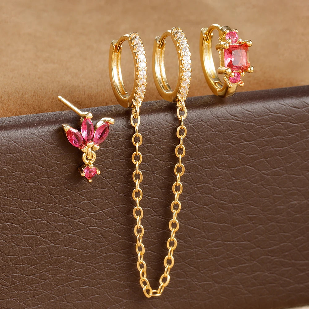 3PCS Stainless Steel Long Chain Two Hole Piercing Earrings Tassel