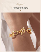 Chunky Bold Toggle Bracelets for Women, Stainless Steel OT Buckle Link Chain Bracelet Gold Plated Tarnish Free