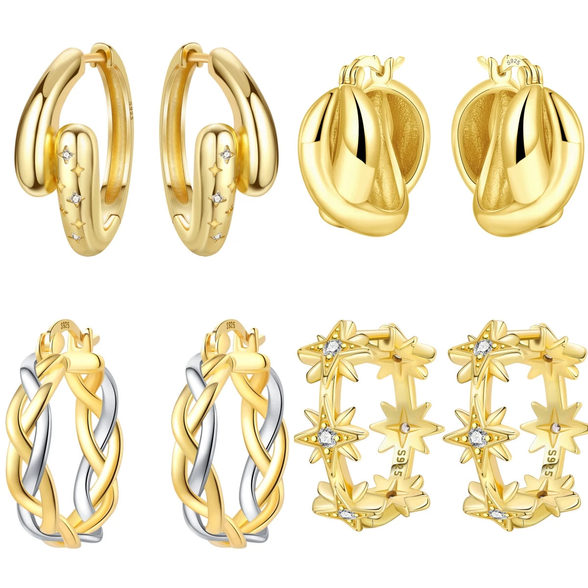 925 Sterling Silver Elegant Golden French Organ Hoop Earrings Trendy Jewellery