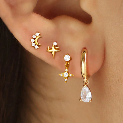 4PCS Star Moon Stainless Steel Zircon Stud Earrings 14K Gold Plated
