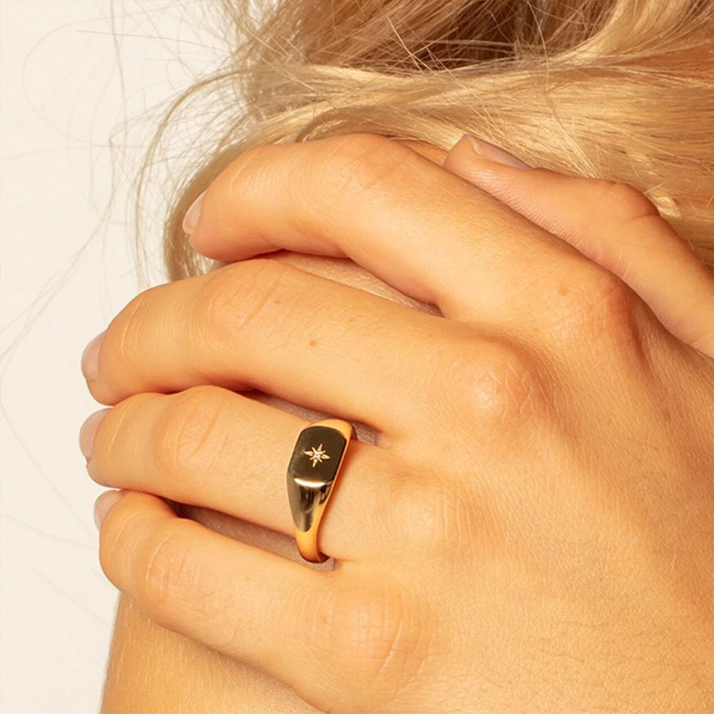 Signet Ring Vintage Star Gold 925 Sterling Silver Nostalgic Jewellery Women