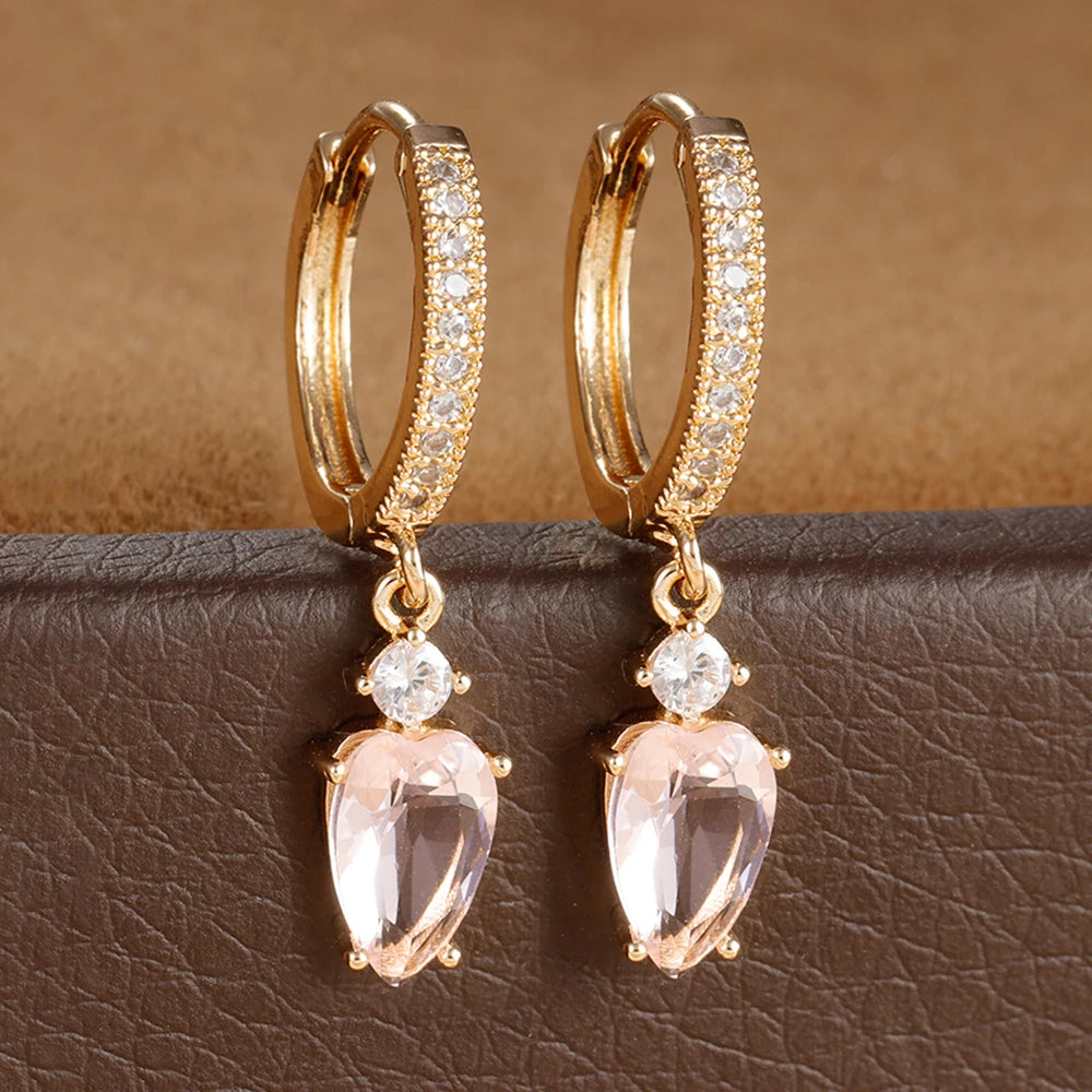 2PCS New Design Stainless Steel Heart Hoop Earring Vintage Zirconia