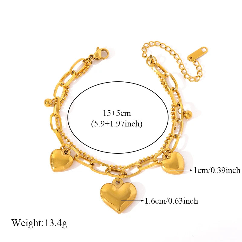 Reversible Heart Stainless Steel Charm Bracelet 18K Gold Plated Waterproof