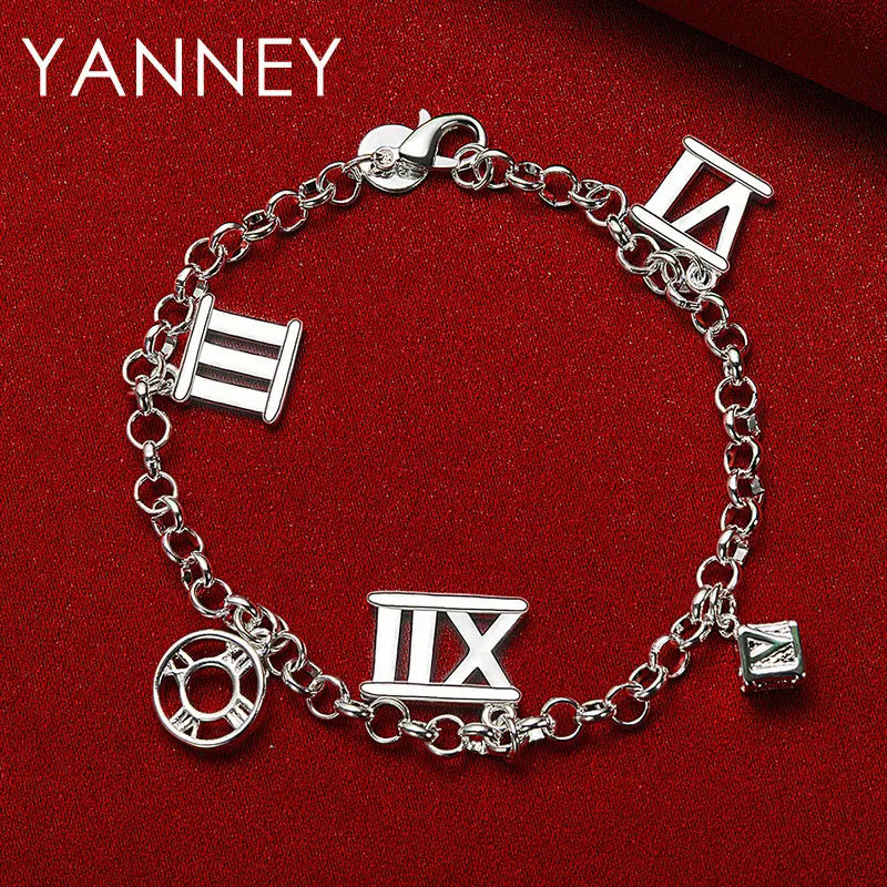 925 Sterling Silver 8-inch Roman Numerals Pendant Bracelet Women Jewellery