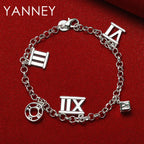 925 Sterling Silver 8-inch Roman Numerals Pendant Bracelet Women Jewellery