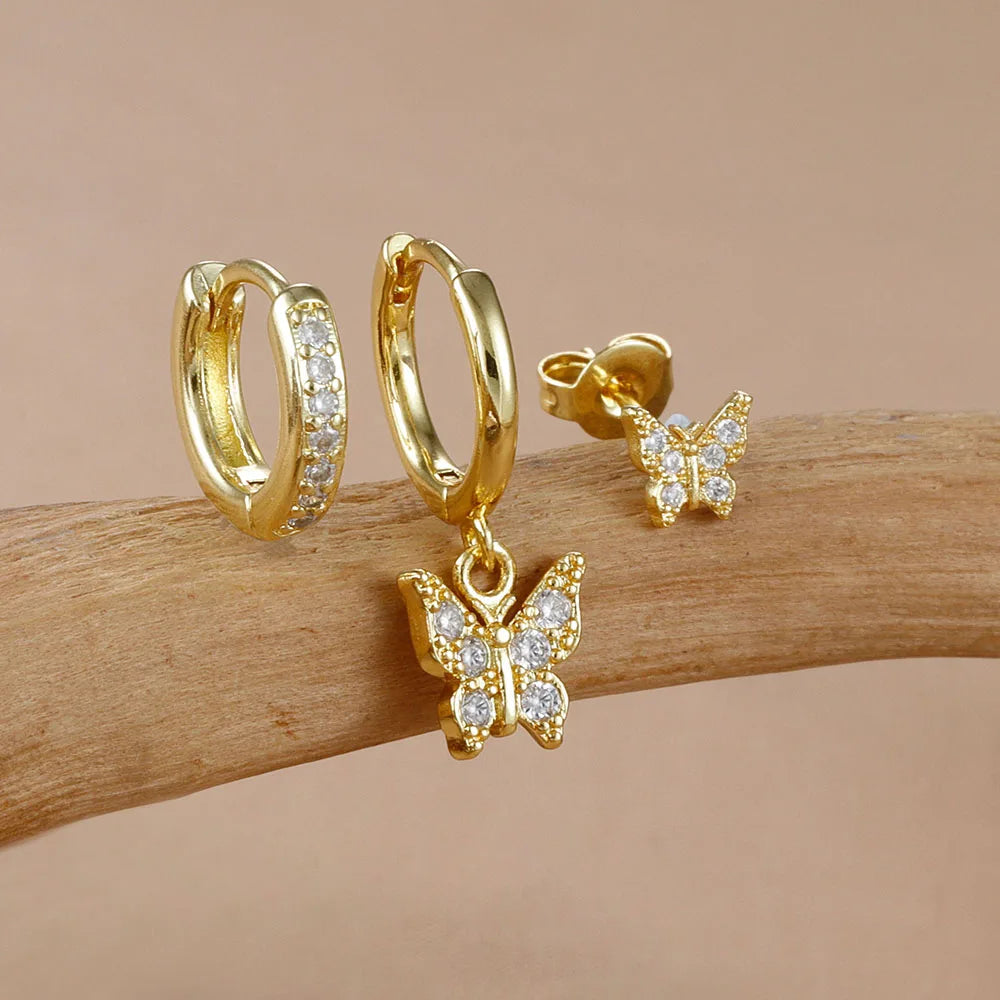 3PCS Elegant Butterfly CZ Charms Dangle Earrings Stainless Steel